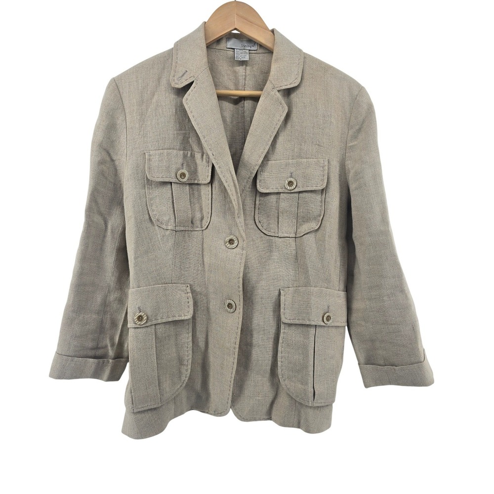Spiegel Linen Safari Jacket Womens 16 Beige Utility Pocket Button Front Blazer